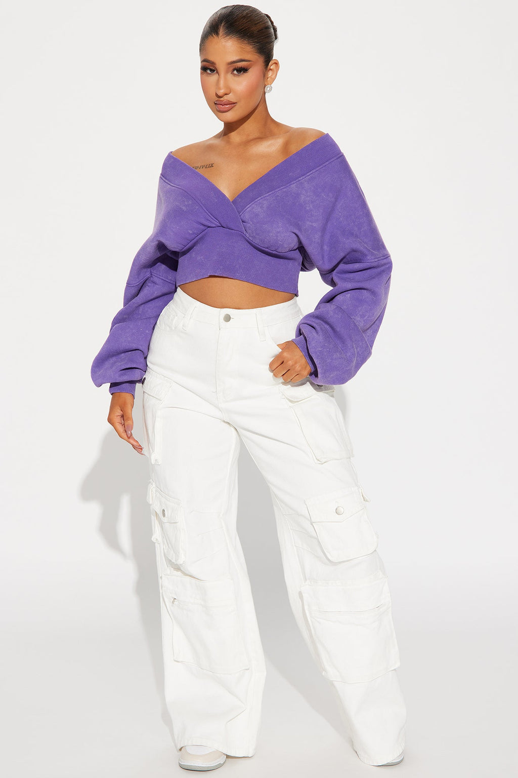 Amara Fleece Off Shoulder Sweatshirt - Purple