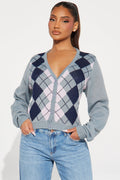 Preppy Days Checkered Cropped Cardigan - Grey/combo