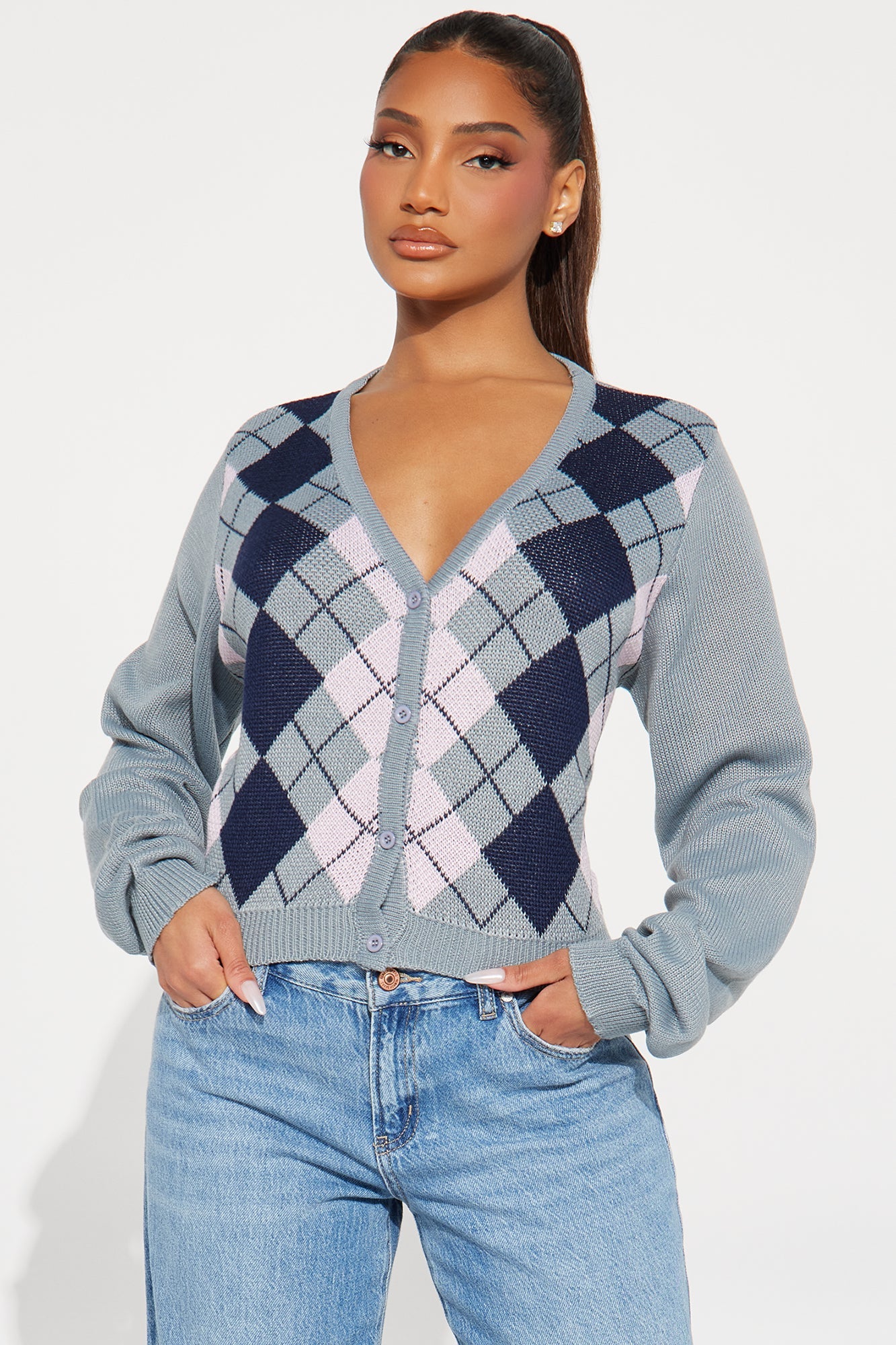 Preppy Days Checkered Cropped Cardigan - Grey/combo