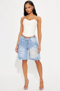 Paulina Pearl Embellished Bermuda Denim Shorts - Medium Wash