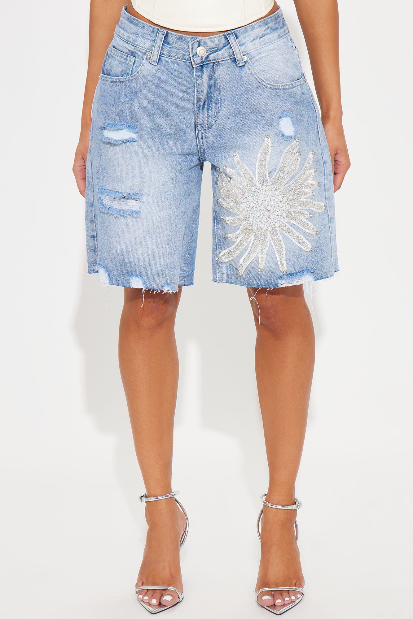 Paulina Pearl Embellished Bermuda Denim Shorts - Medium Wash