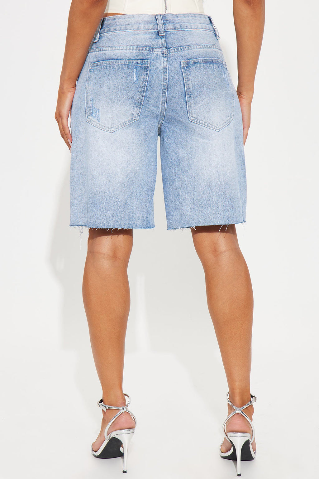 Paulina Pearl Embellished Bermuda Denim Shorts - Medium Wash