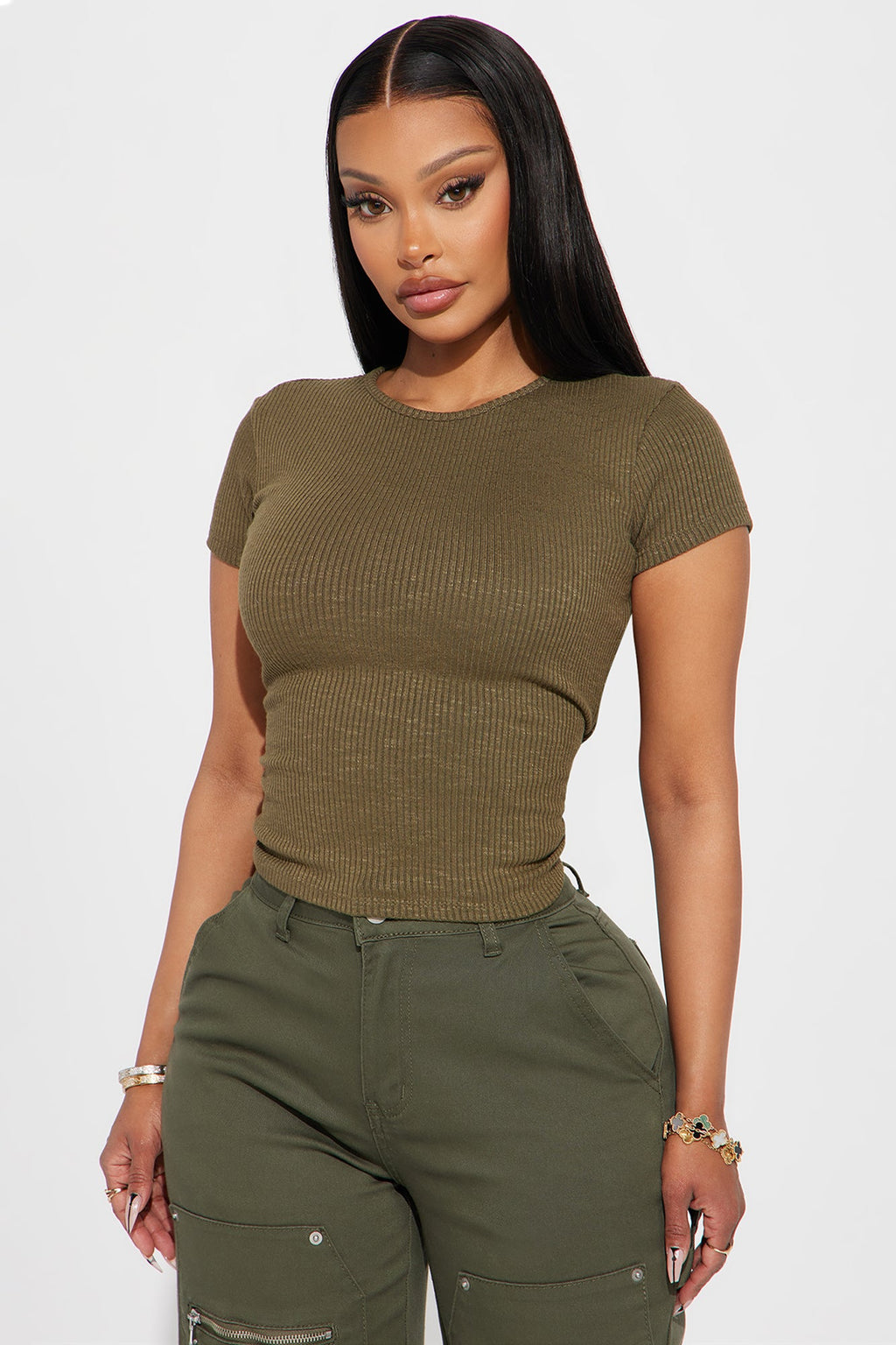Rachel Ribbed Short Sleeve Tee - Olive