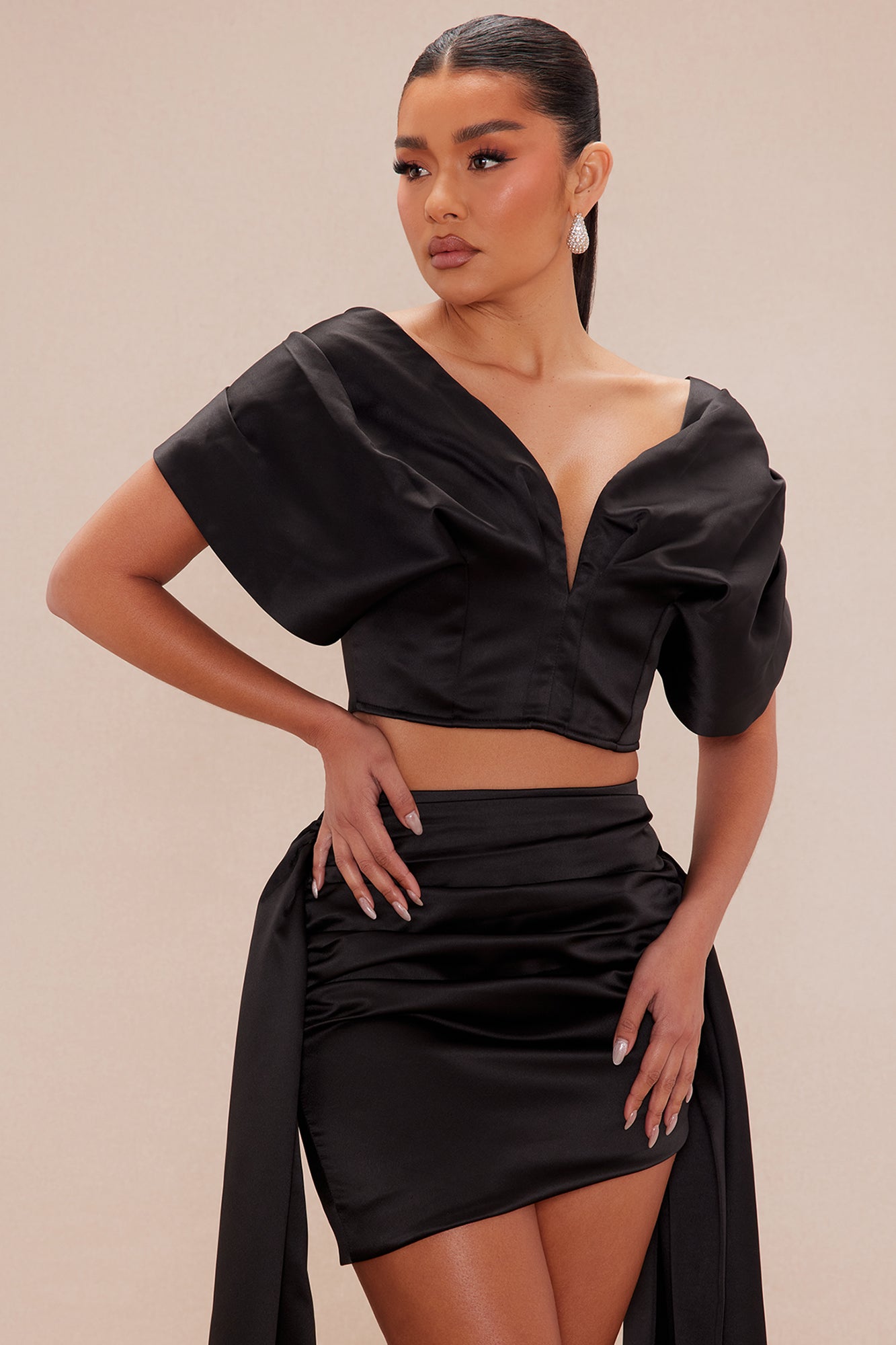 Juliana Satin Skirt Set - Black