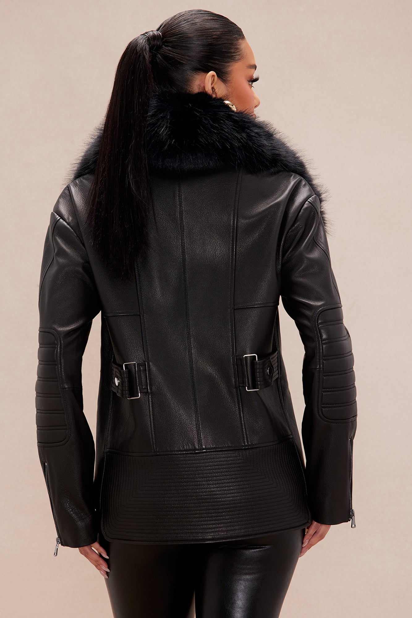 Genuine Leather Nadia Fur Collar Jacket - Black