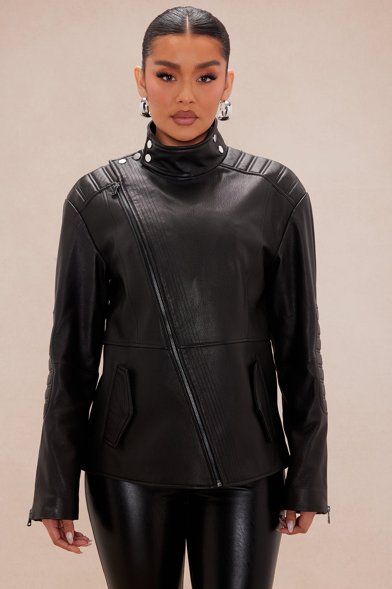 Genuine Leather Nadia Fur Collar Jacket - Black