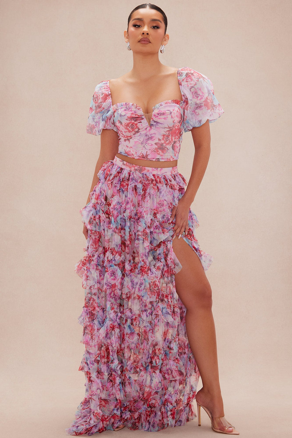 Carmencita Chiffon Maxi Skirt Set - Pink/combo