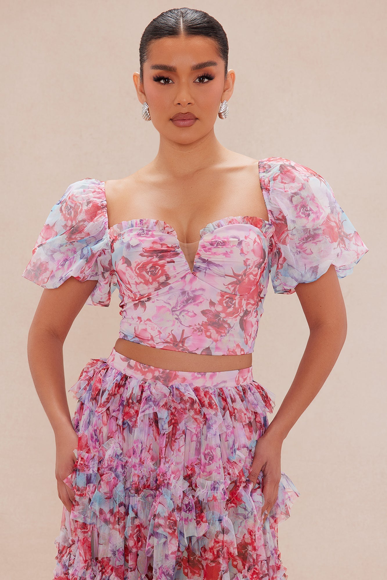 Carmencita Chiffon Maxi Skirt Set - Pink/combo