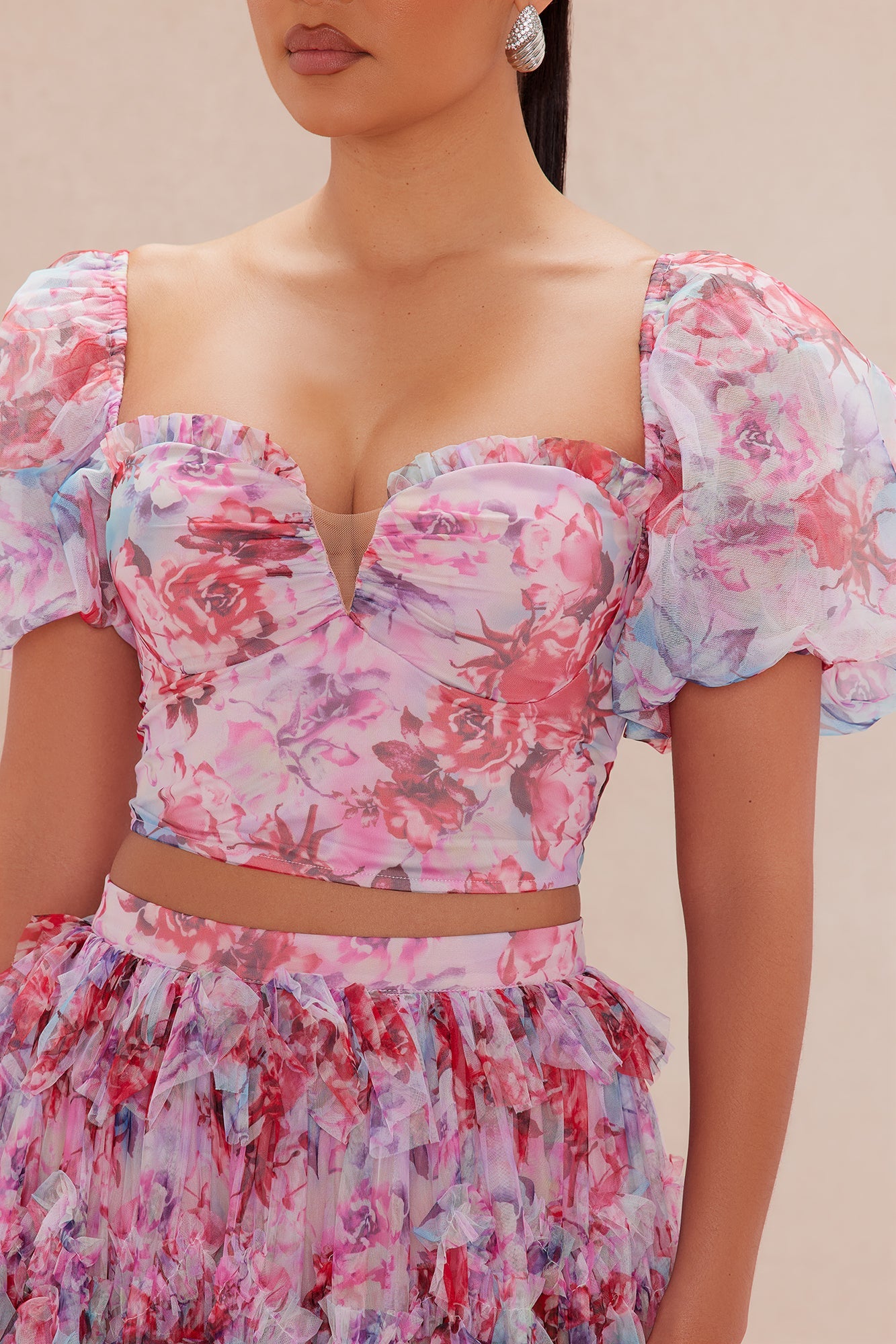 Carmencita Chiffon Maxi Skirt Set - Pink/combo