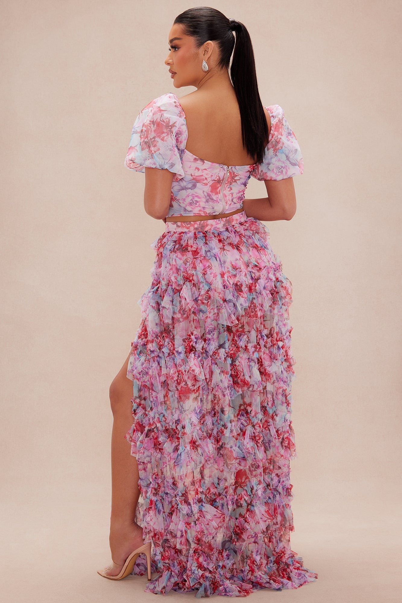 Carmencita Chiffon Maxi Skirt Set - Pink/combo