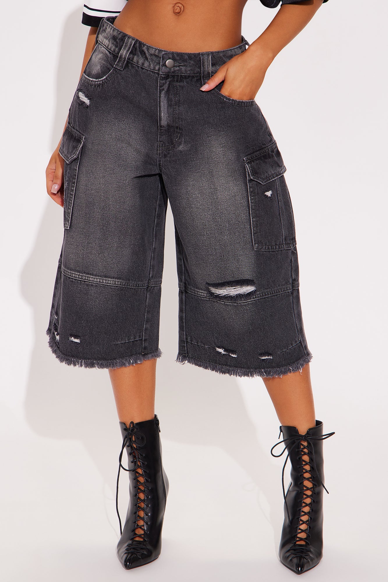 Casey Non Stretch Cargo Denim Jorts - Black Wash