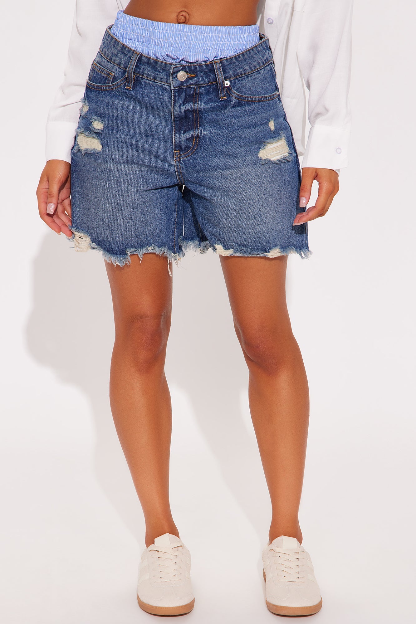 My Whole World Boxer Ripped Denim Shorts - Blue