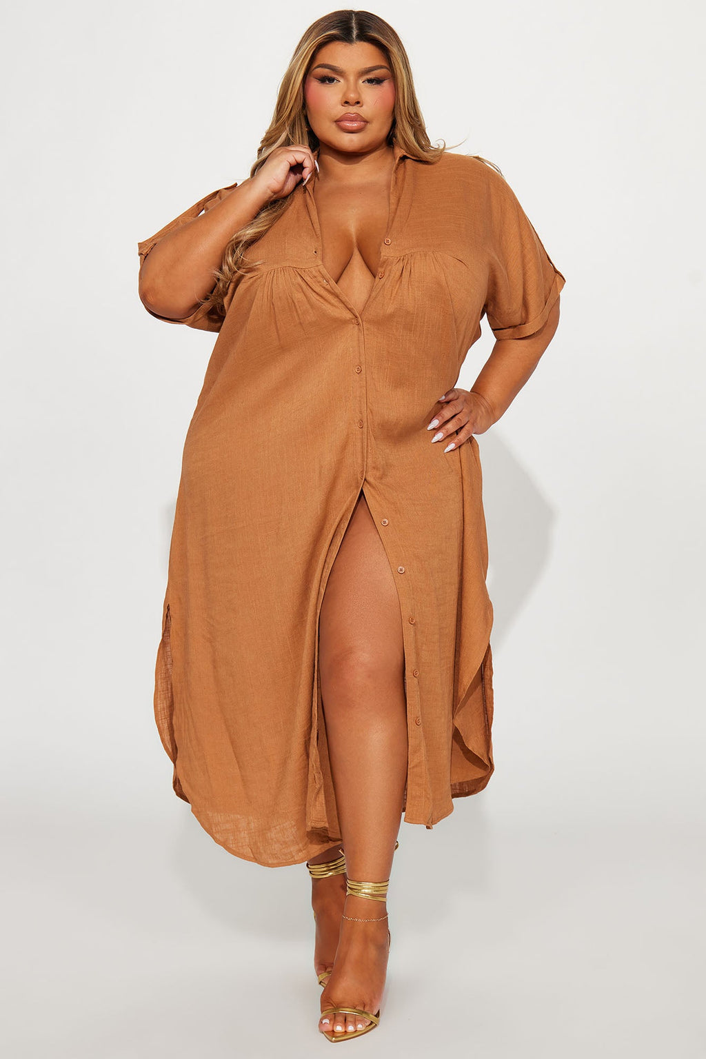 Lucia Shirt Midi Dress - Cognac