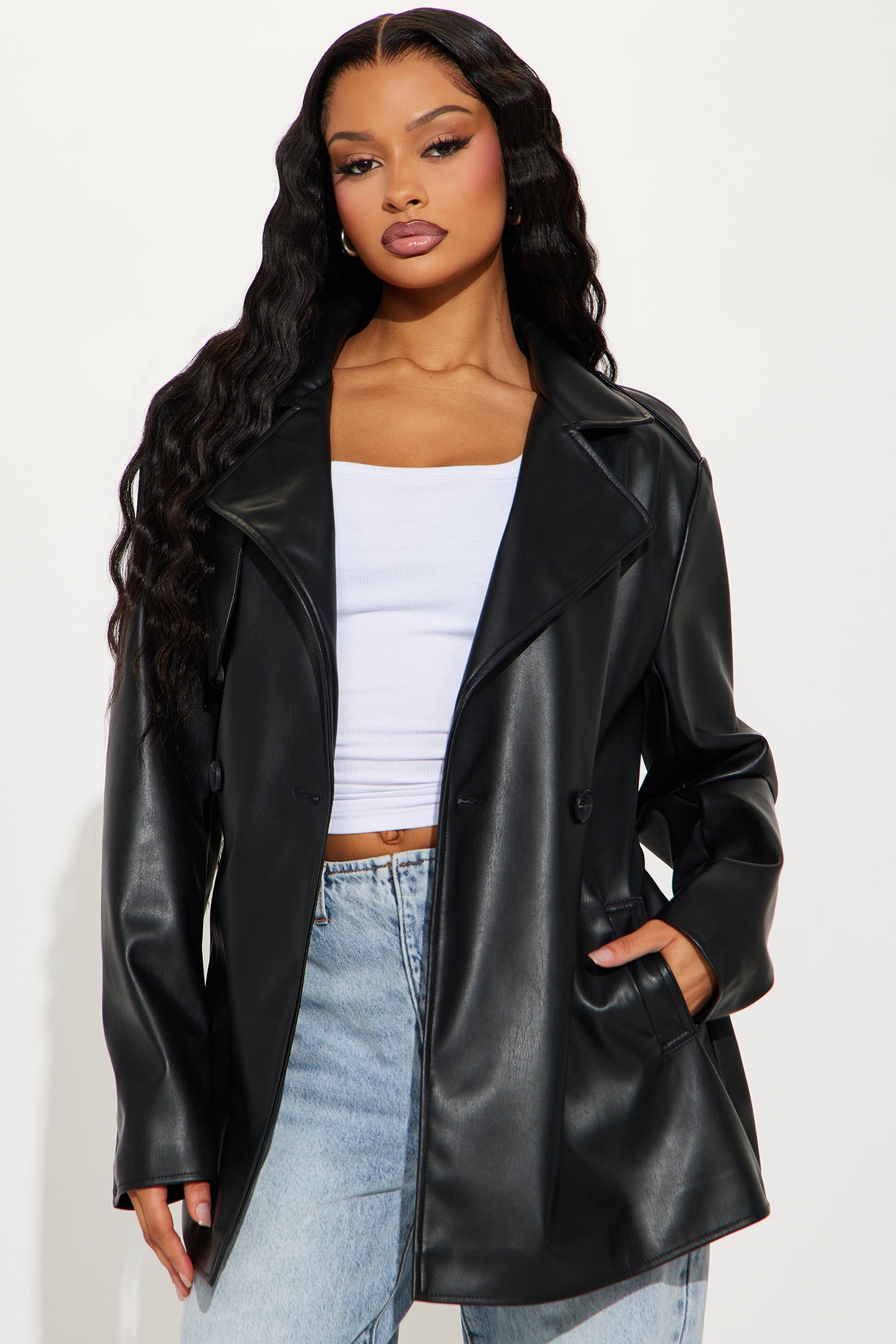 Mariah Belted Faux Leather Trench - Black