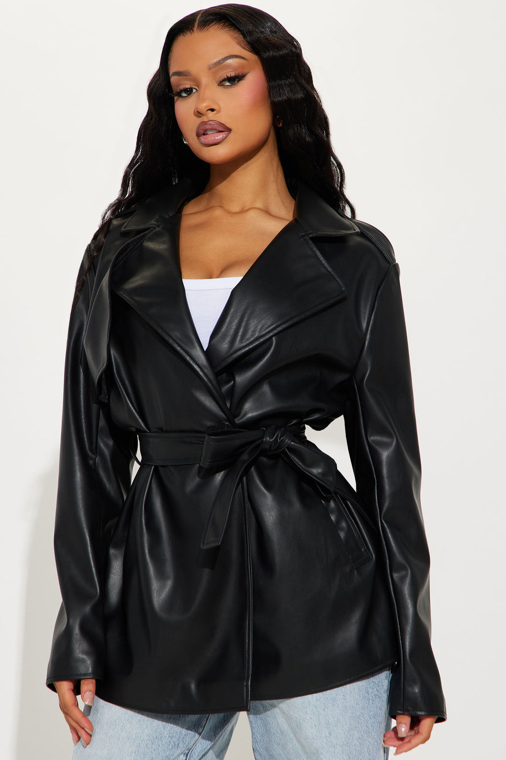 Mariah Belted Faux Leather Trench - Black