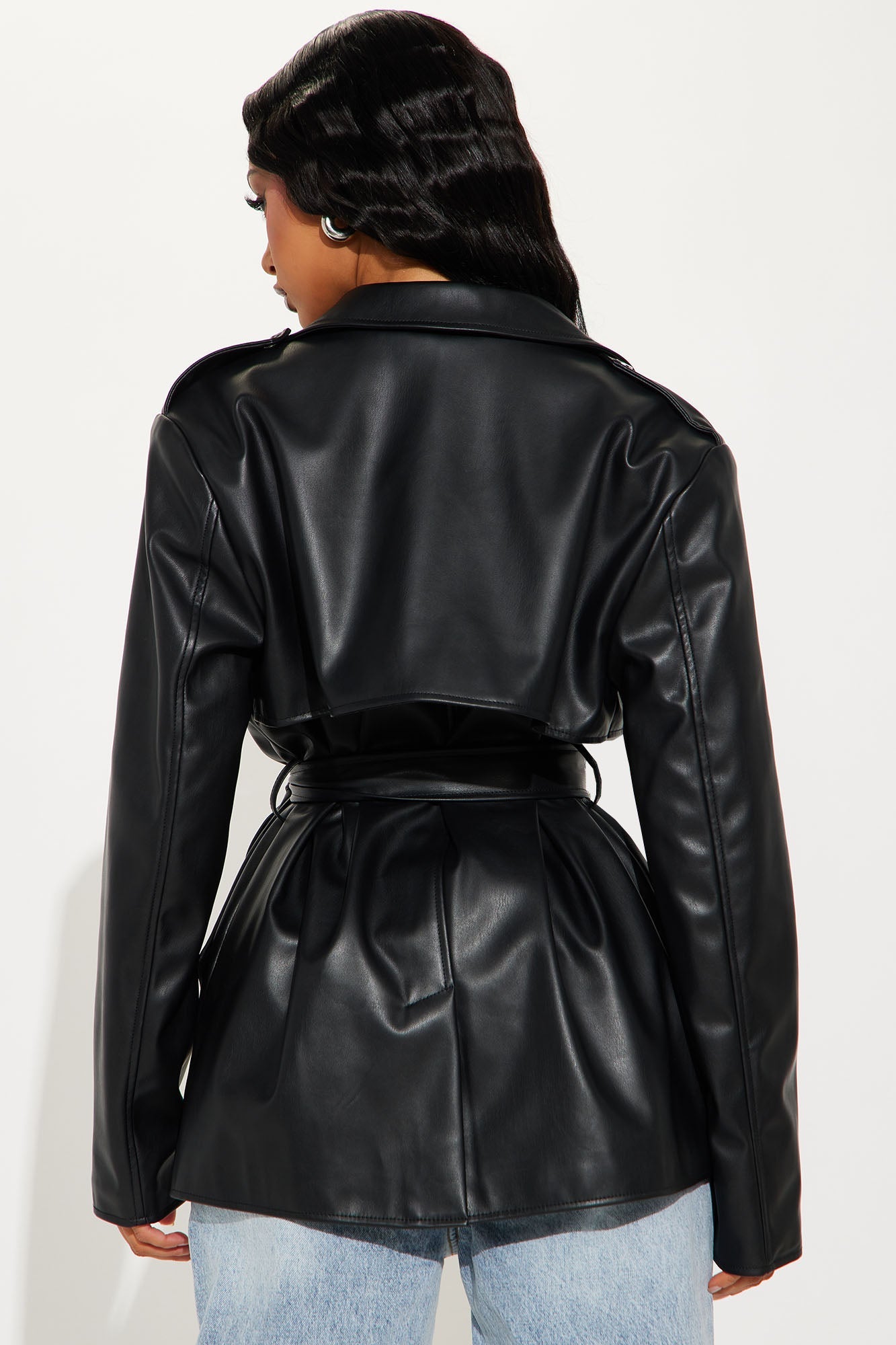 Mariah Belted Faux Leather Trench - Black