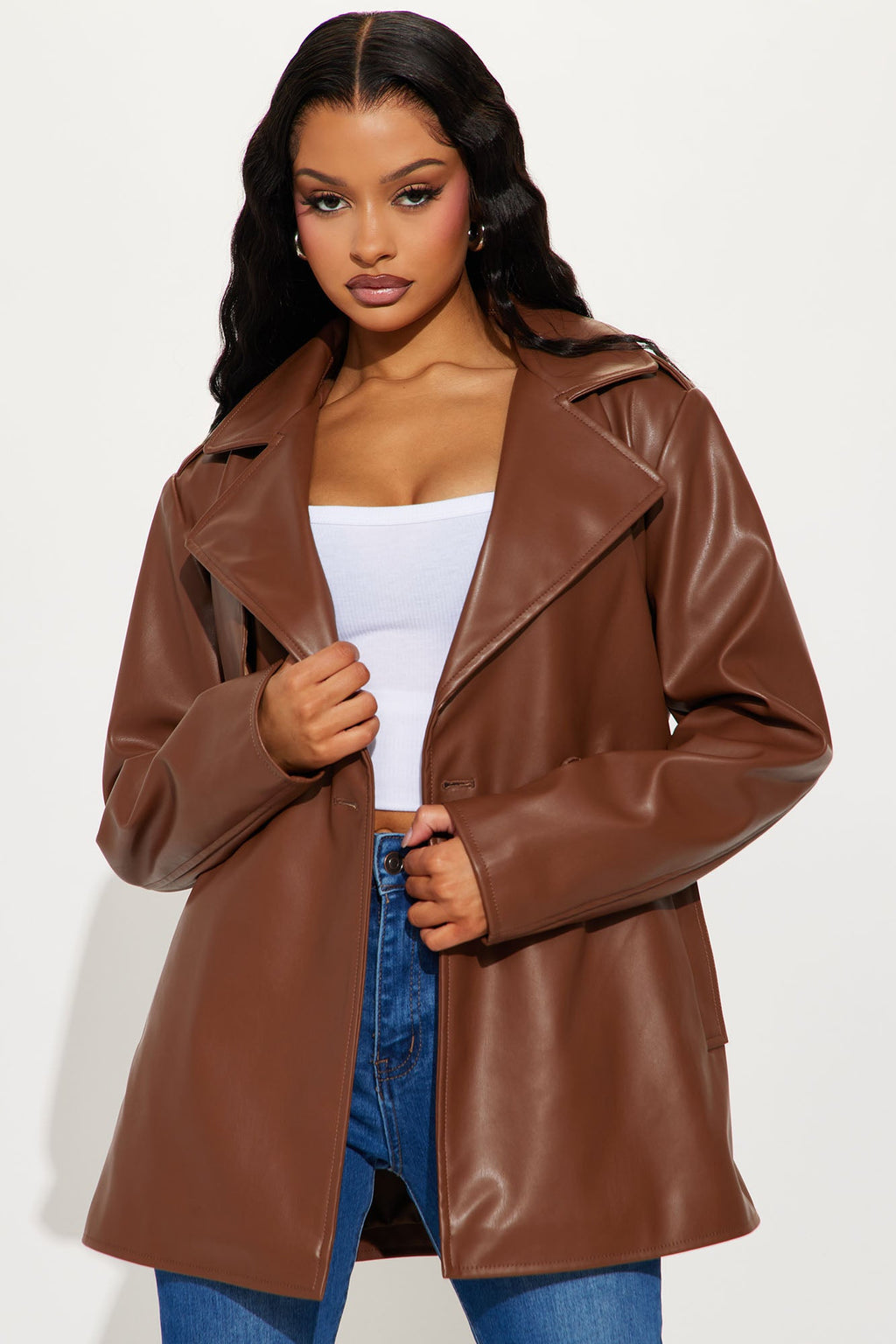 Mariah Belted Faux Leather Trench - Chocolate