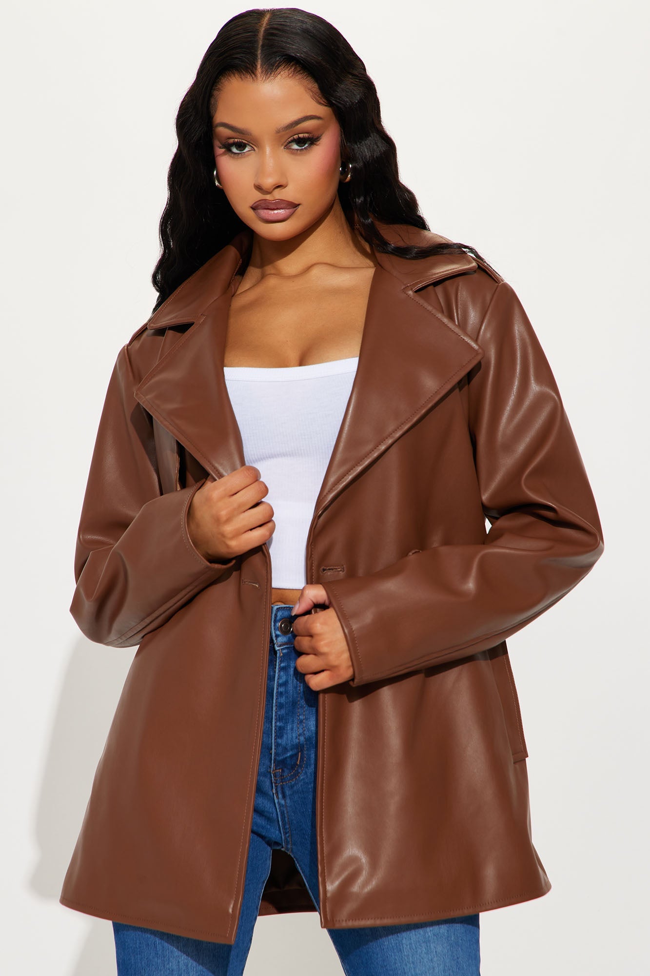 Mariah Belted Faux Leather Trench - Chocolate