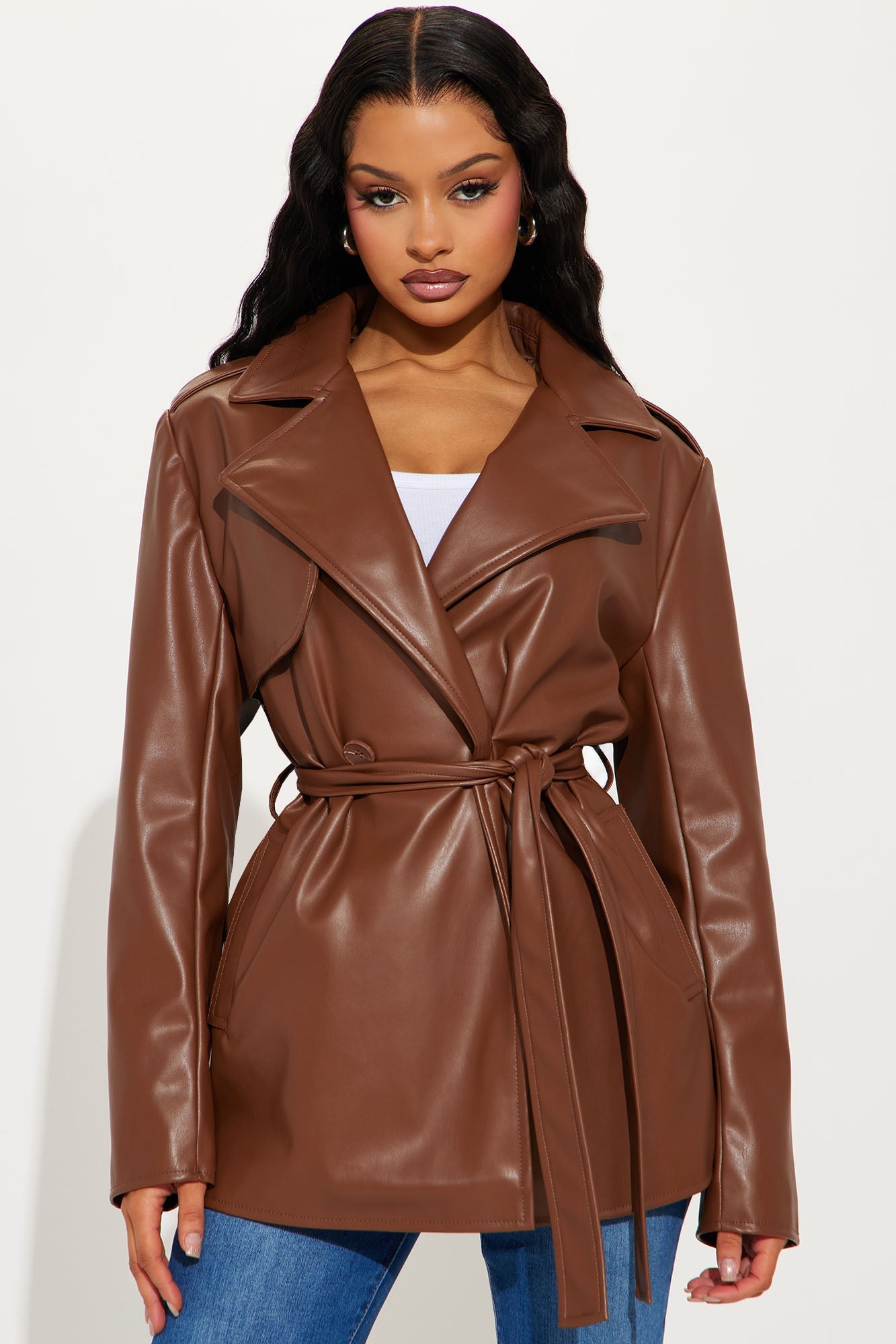 Mariah Belted Faux Leather Trench - Chocolate