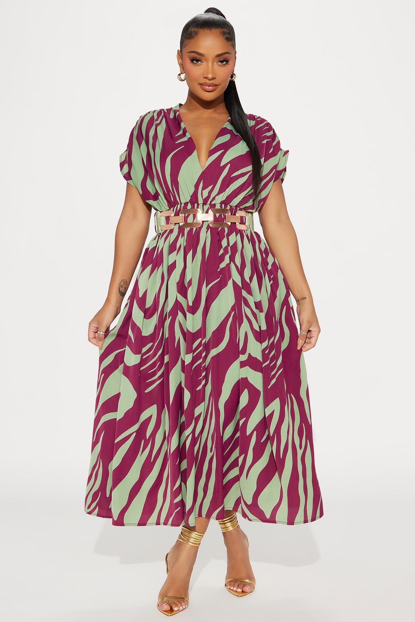 Talia Belted Maxi Dress - Sage/combo