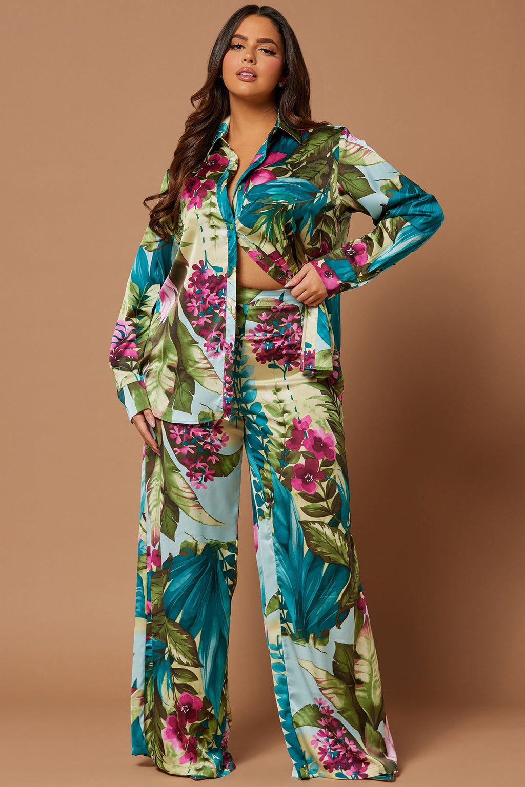 Kyoto Satin Pant Set - Green/combo