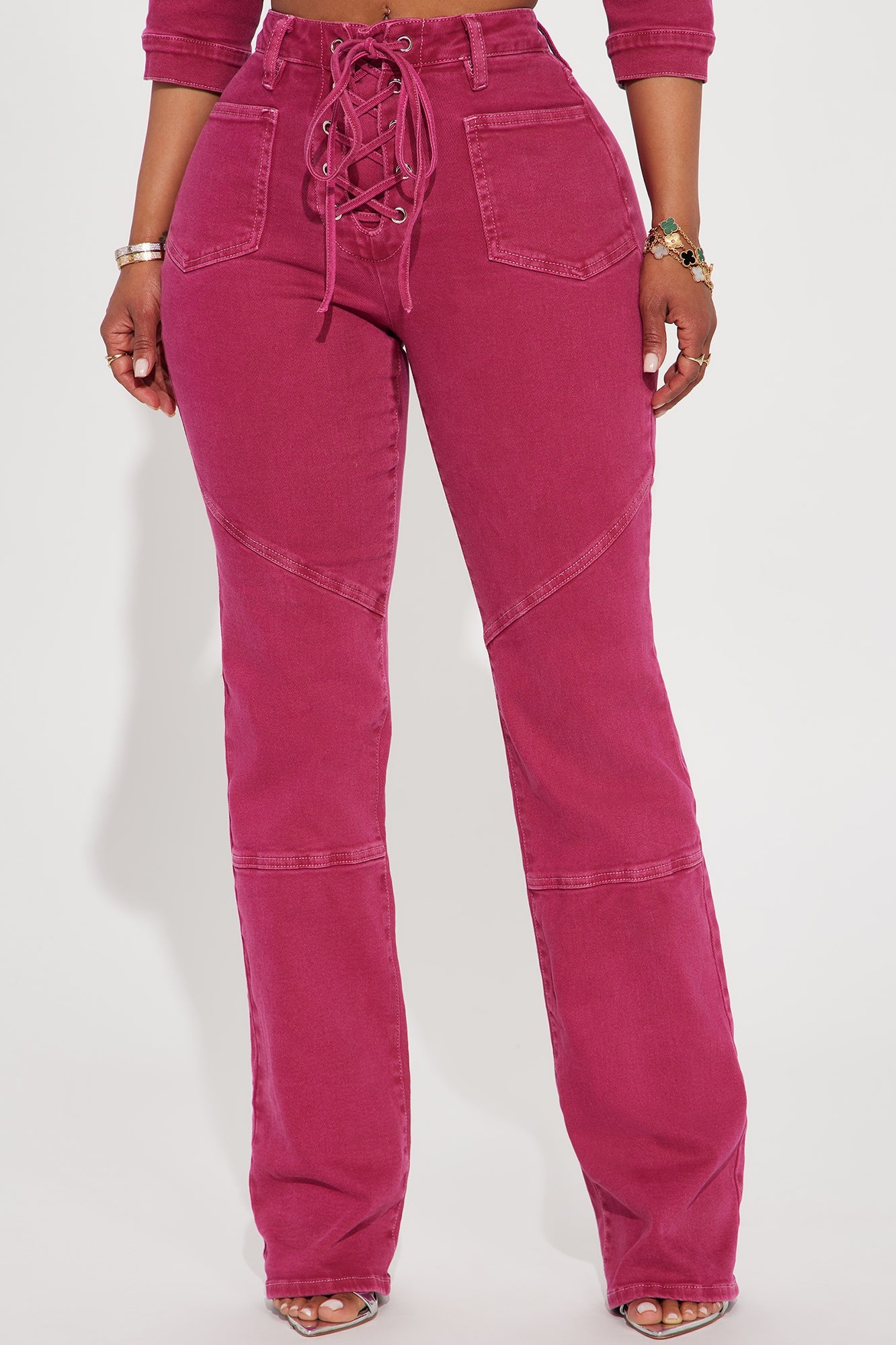 Oasis Lace Up Straight Leg Jeans - Pink