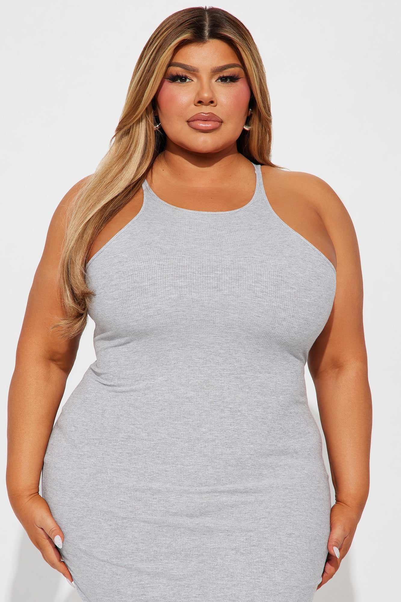 Sleek Chic Ribbed Midi Dress - Heather Grey