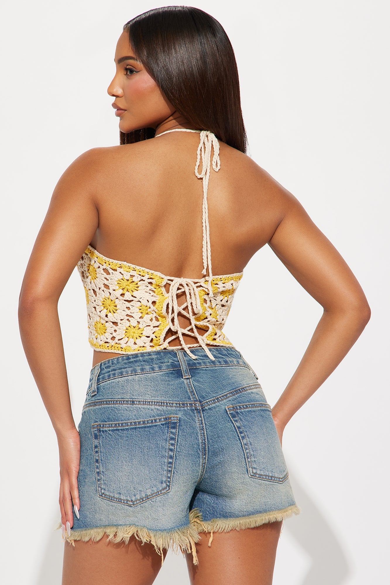 Imani Floral Crochet Halter Top - Mustard/combo