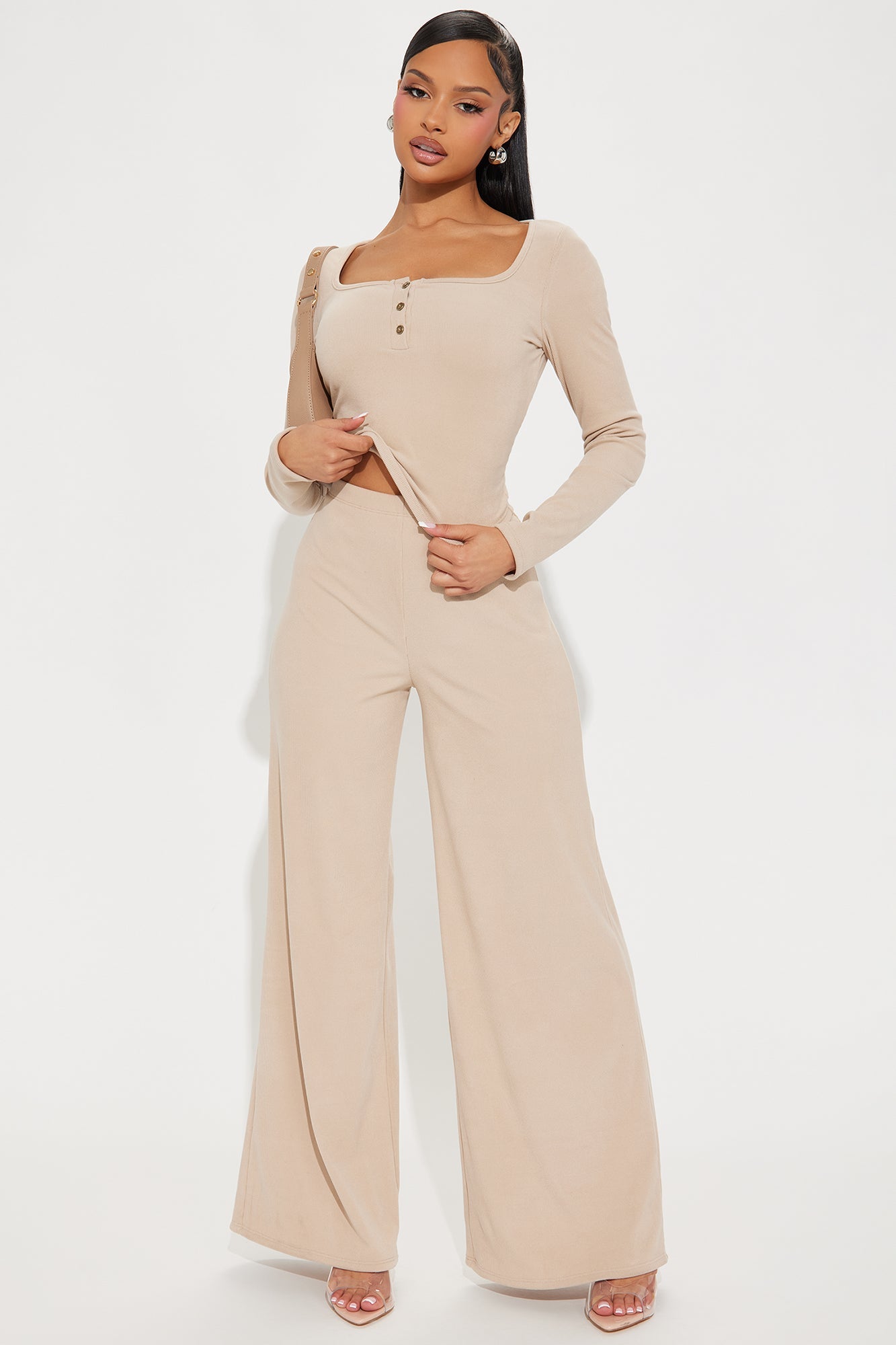 Cozy Henley Top And Pant Set - Taupe