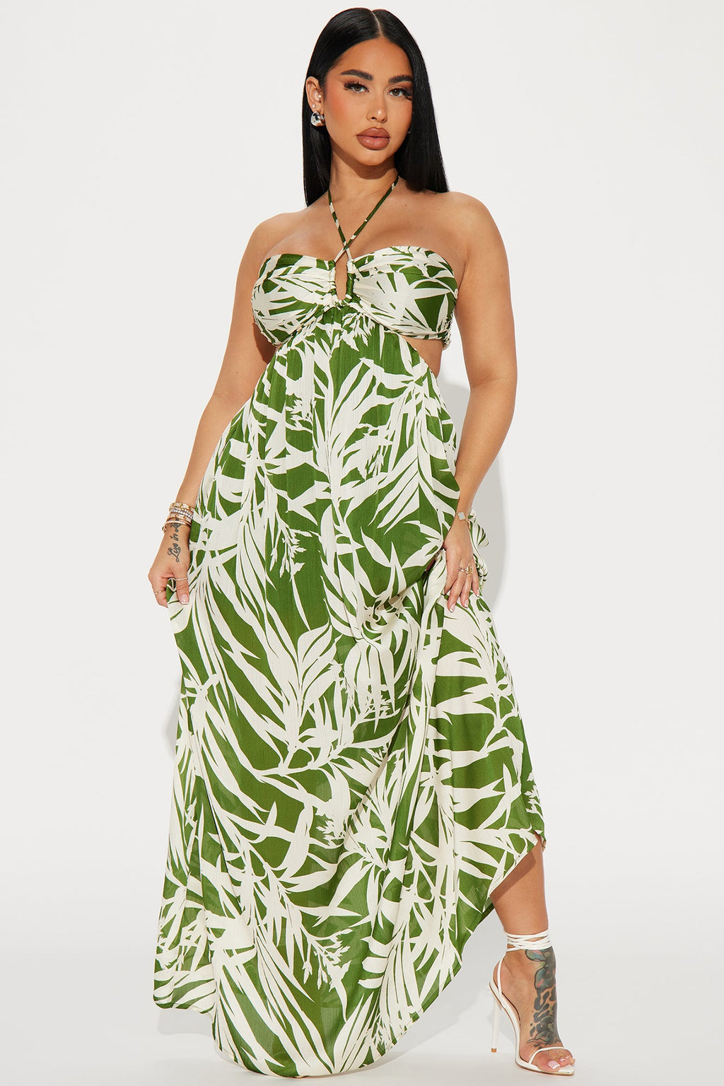 Tropical Satin Maxi Dress - Green/combo