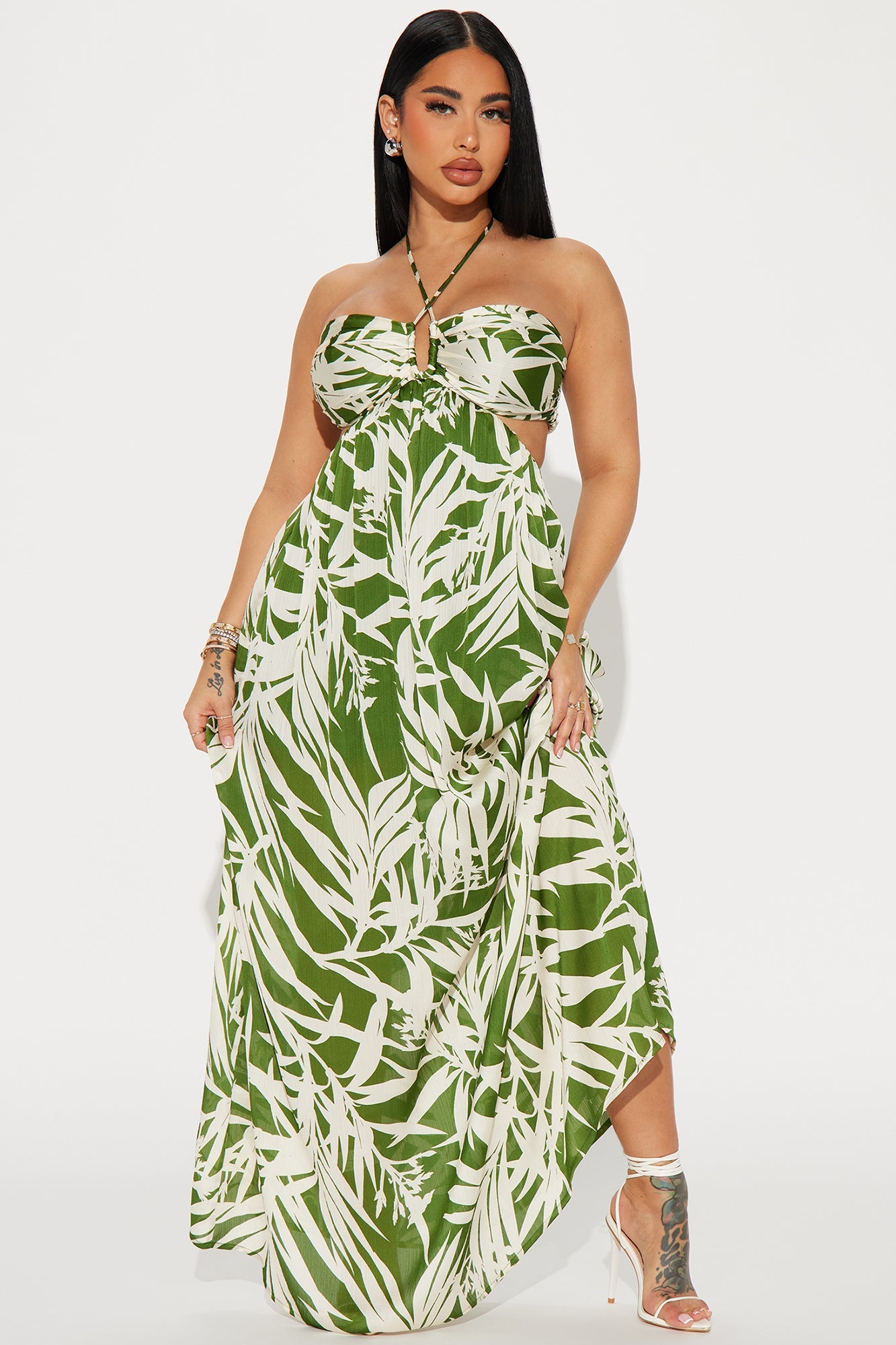 Tropical Satin Maxi Dress - Green/combo