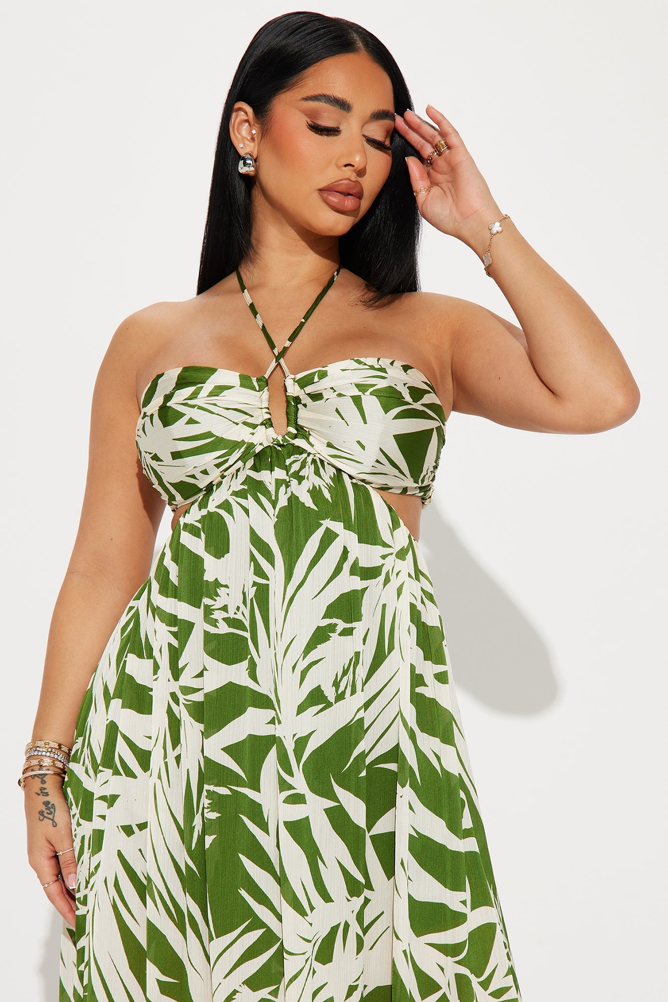 Tropical Satin Maxi Dress - Green/combo