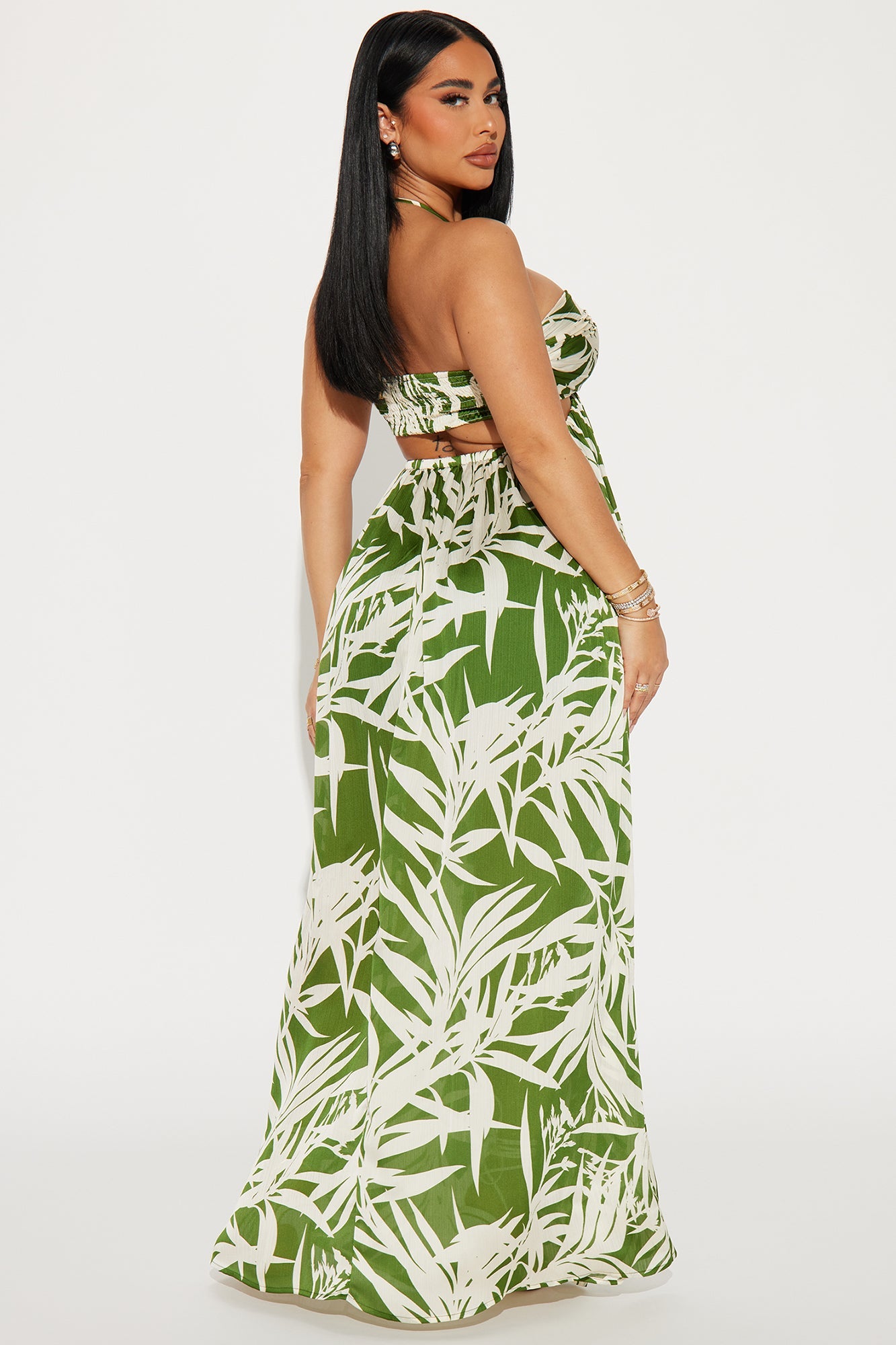 Tropical Satin Maxi Dress - Green/combo