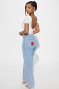 Berry Sweet Embroidered Non Stretch Straight Leg Jeans - Light Wash