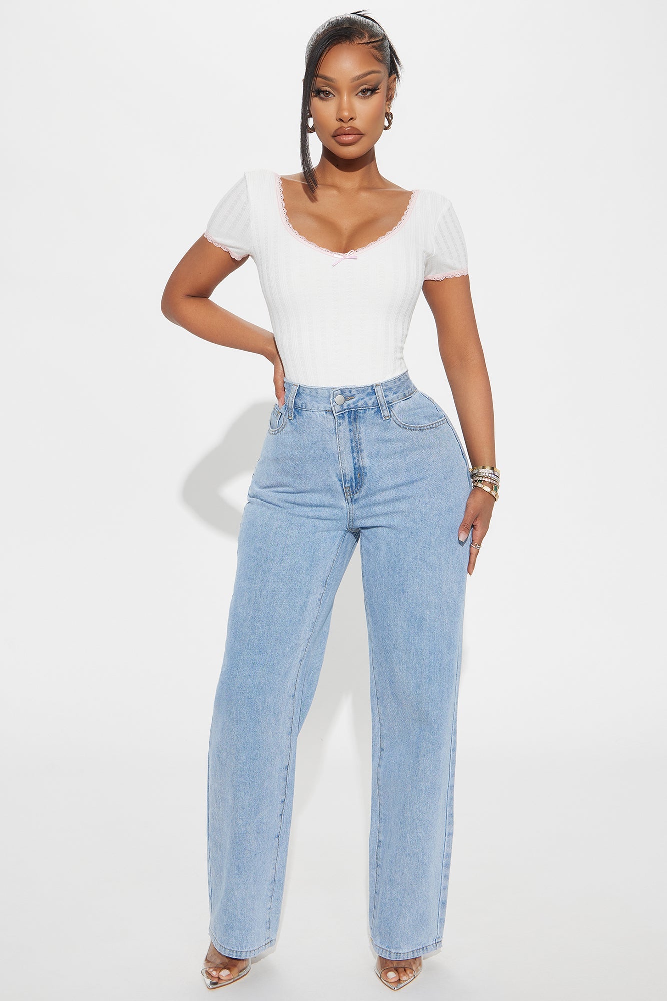 Berry Sweet Embroidered Non Stretch Straight Leg Jeans - Light Wash