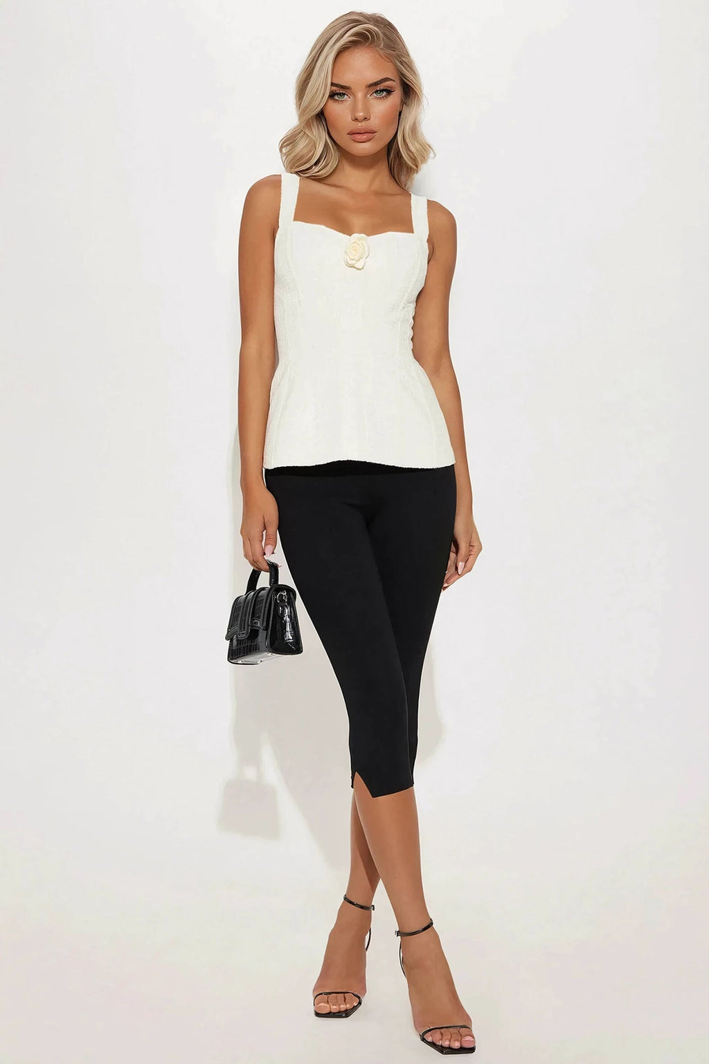 Pristine Elegance Tweed Rosette Top - Ivory