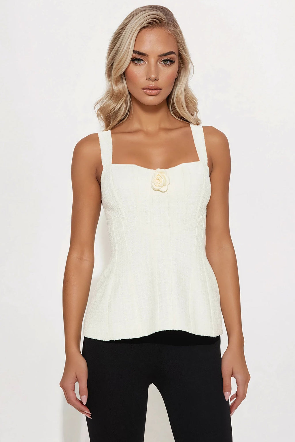 Pristine Elegance Tweed Rosette Top - Ivory