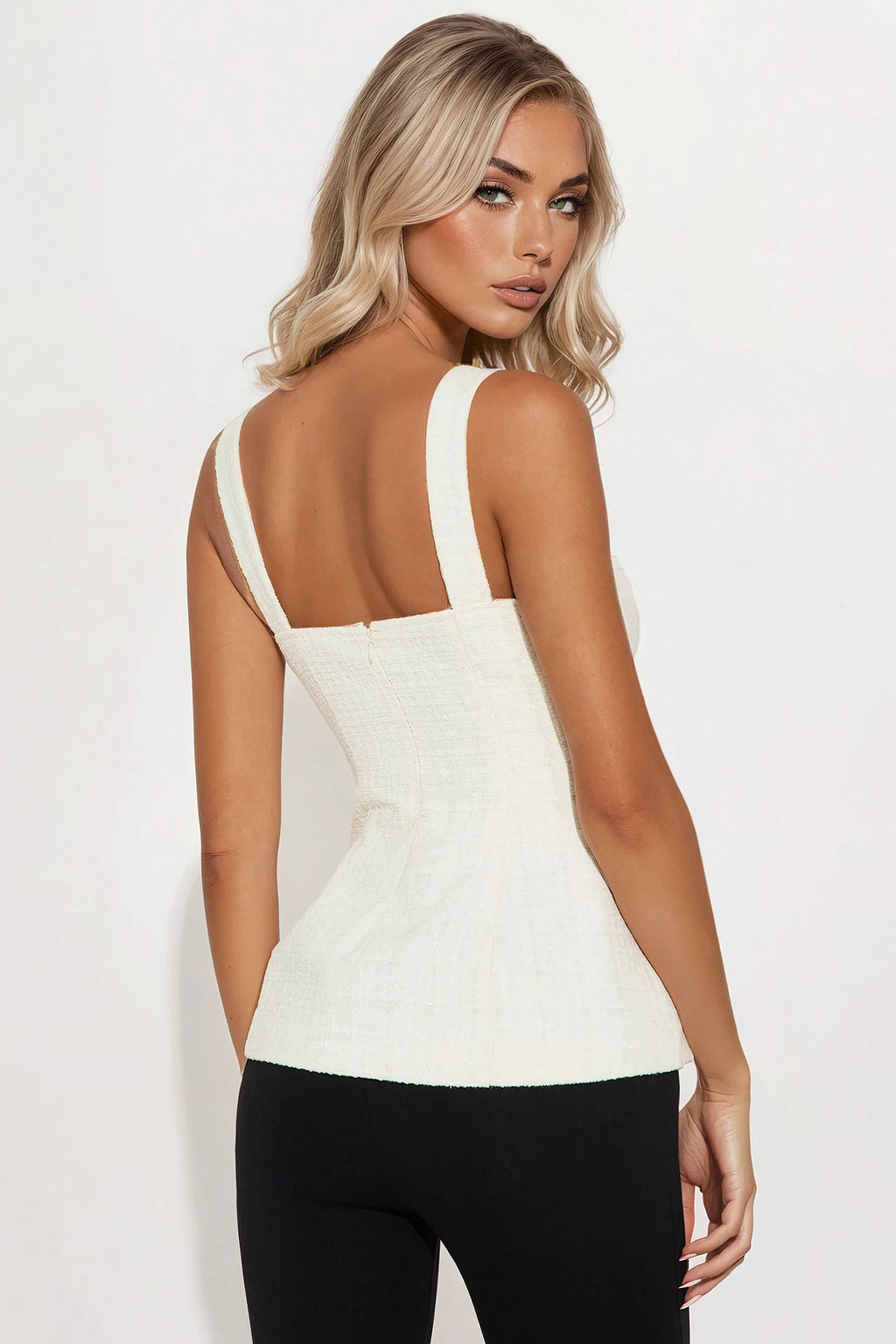 Pristine Elegance Tweed Rosette Top - Ivory