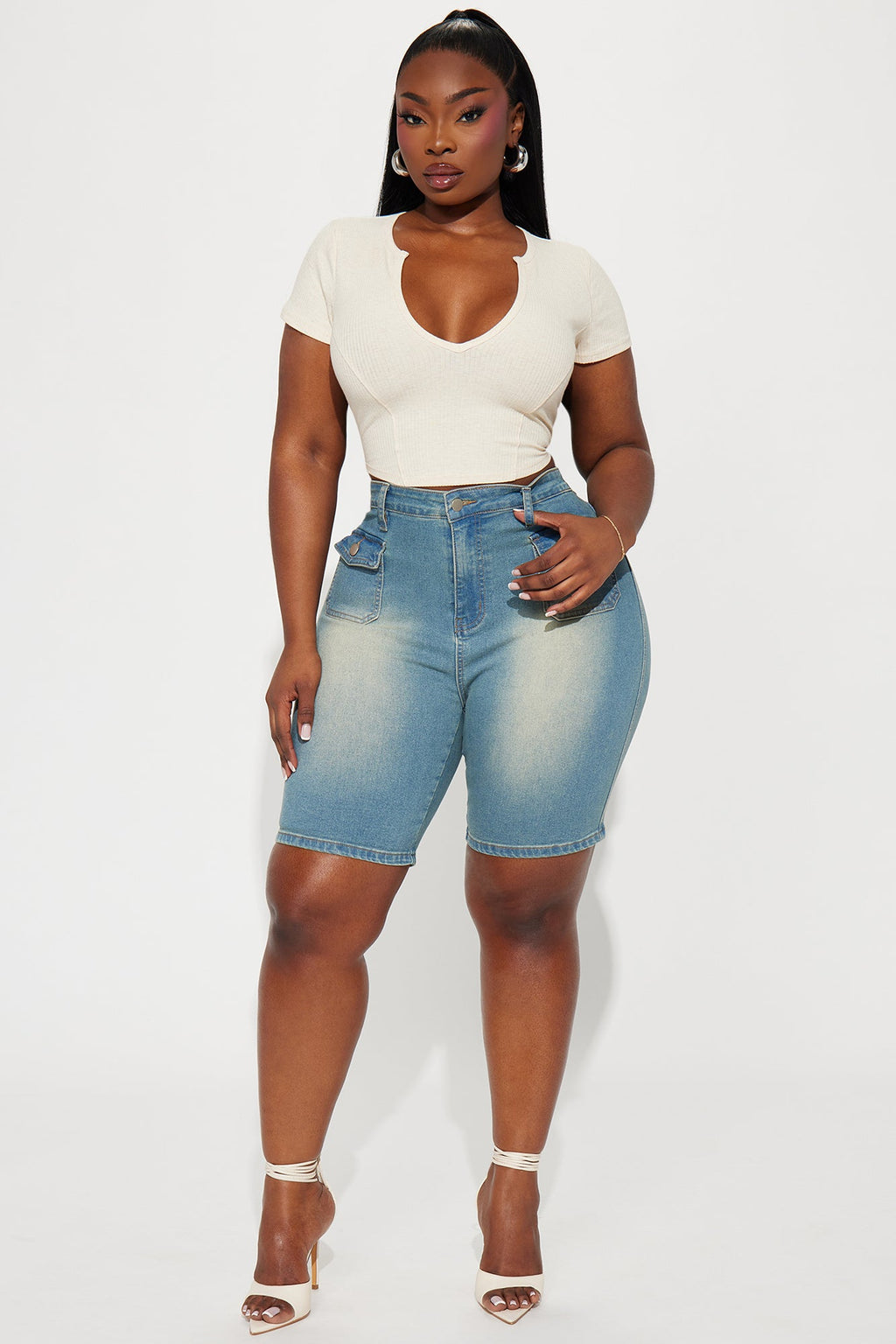 Shocker Tinted Stretch Denim Bermuda Shorts - Medium Wash