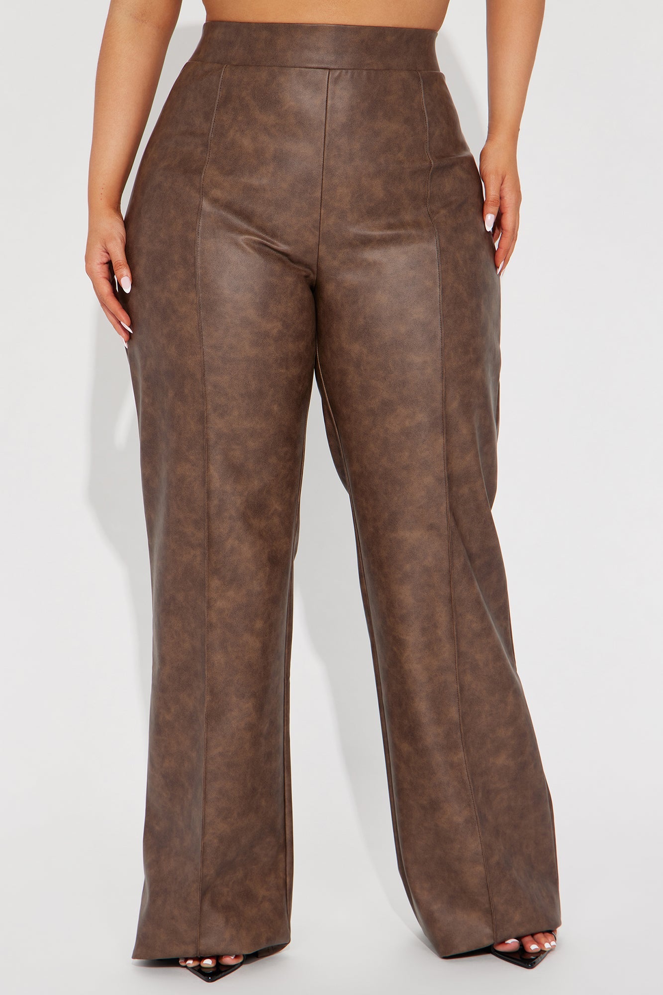 Victoria High Waisted Washed Faux Leather Dress Pants - Chocolate