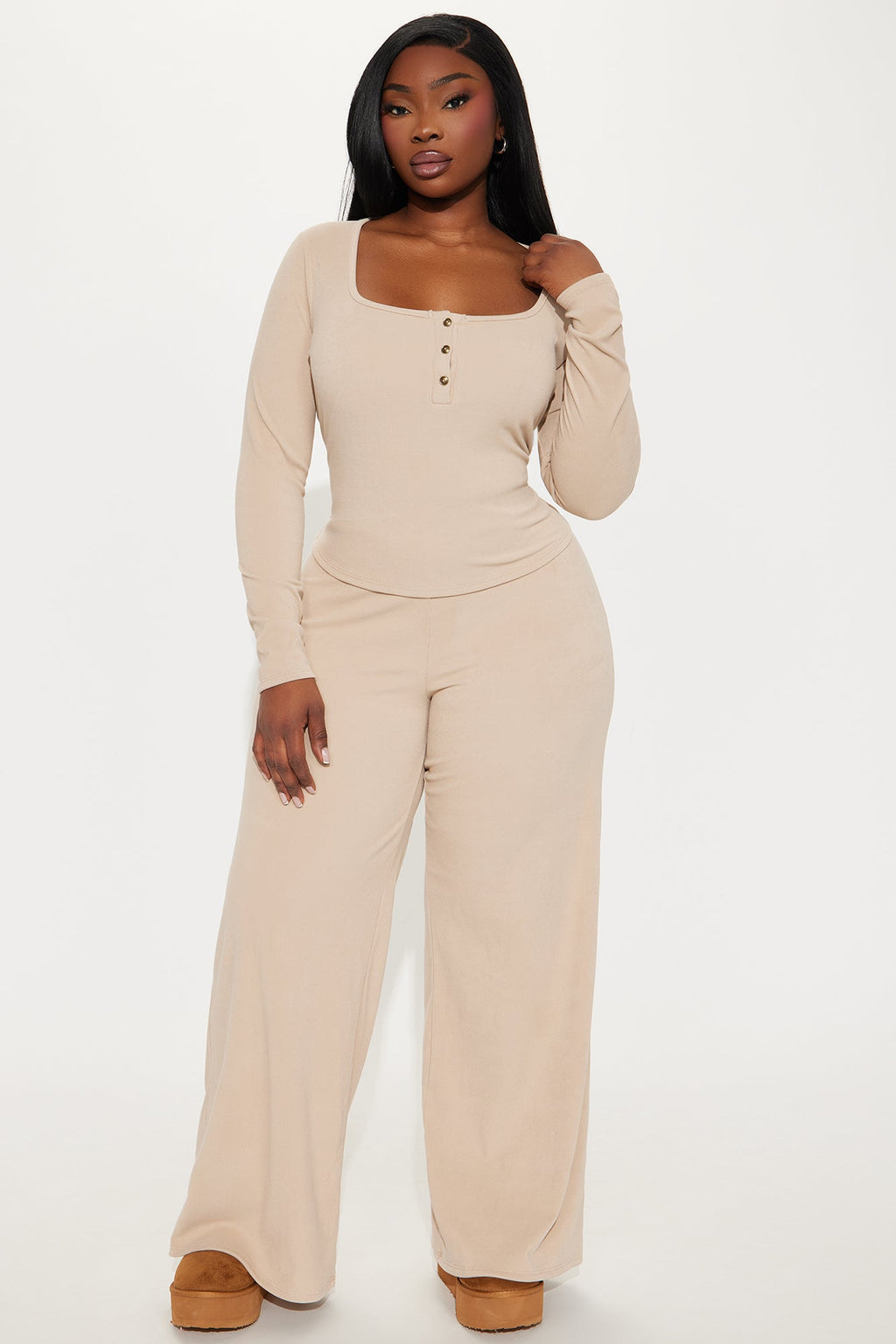 Cozy Henley Top And Pant Set - Taupe