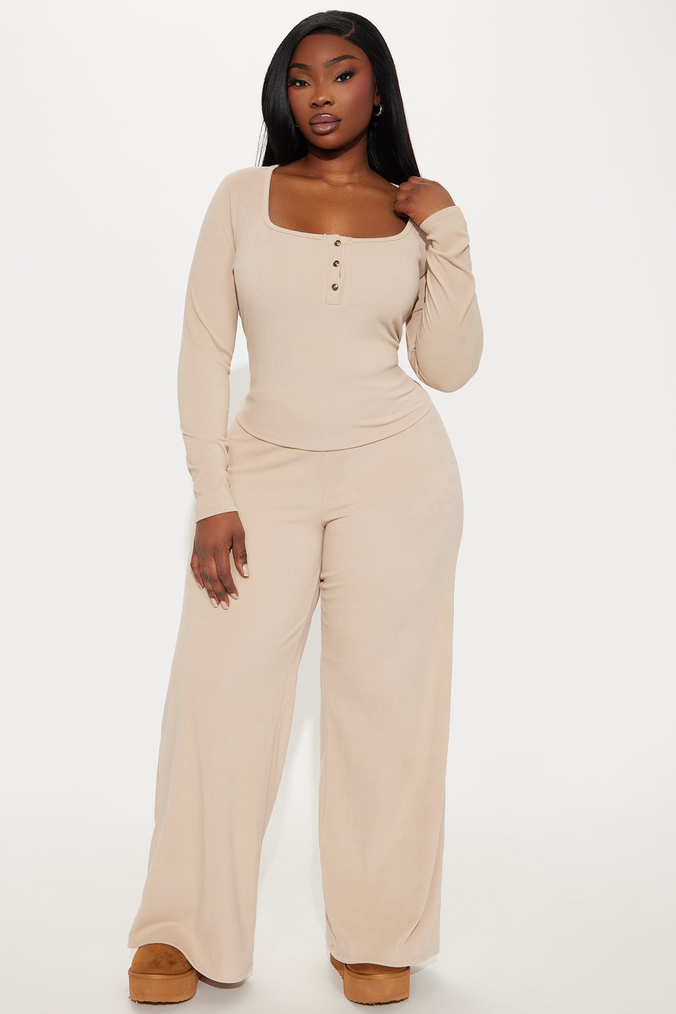 Cozy Henley Top And Pant Set - Taupe