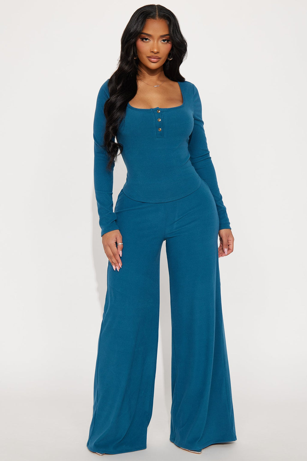 Cozy Henley Top And Pant Set - Blue
