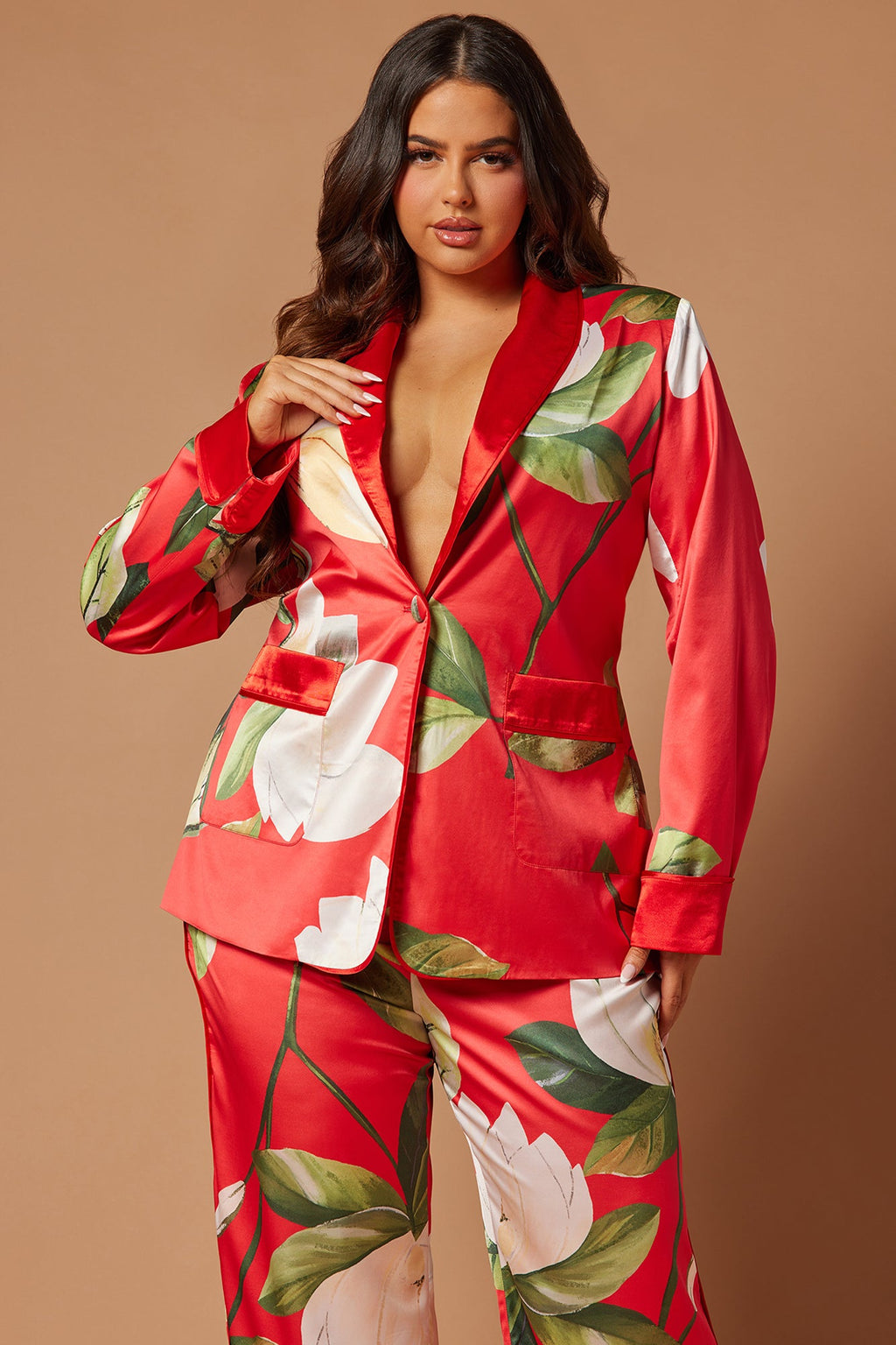 Ophelia Satin Floral Pant Suit Set - Red/combo