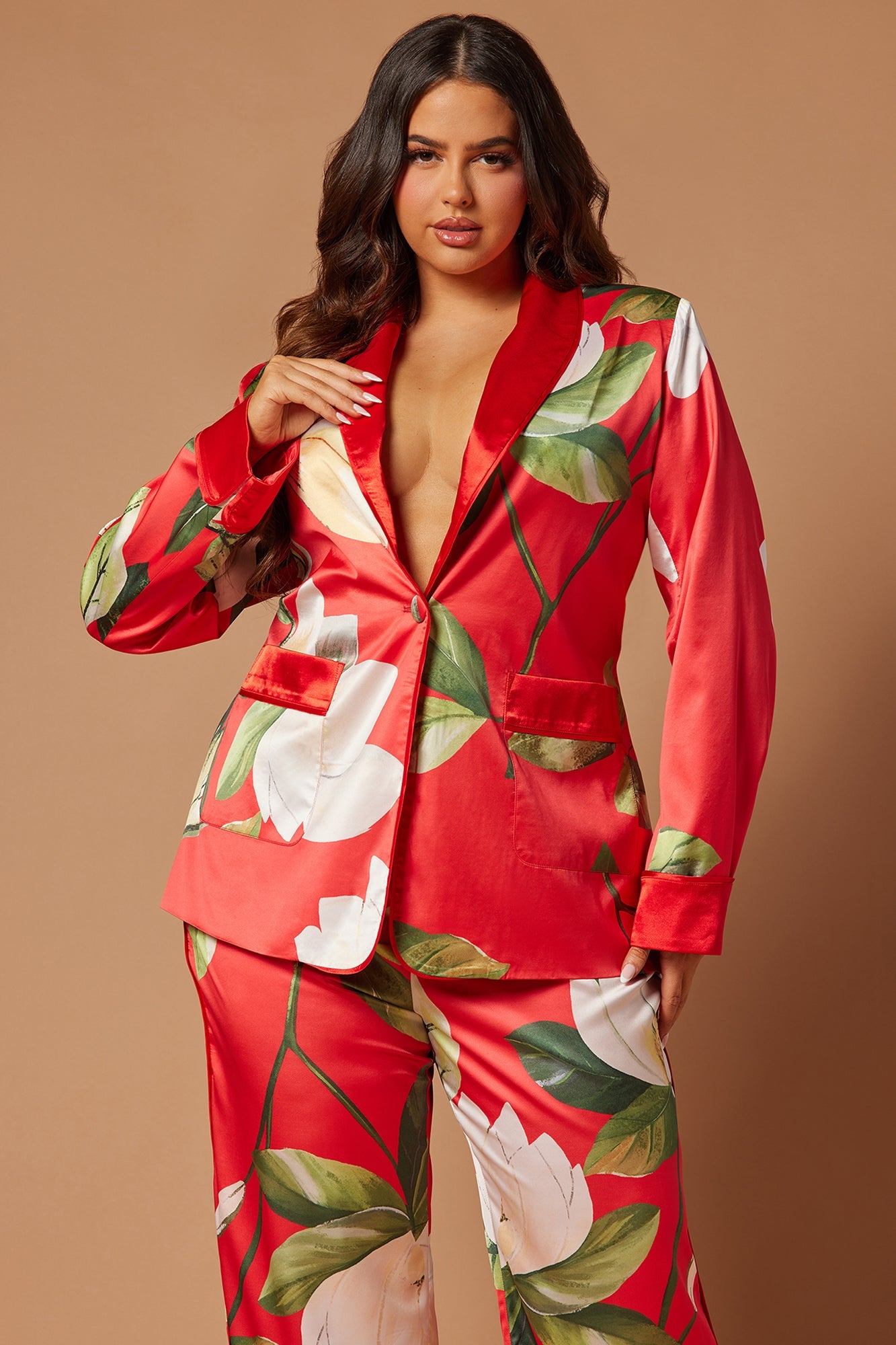 Ophelia Satin Floral Pant Suit Set - Red/combo