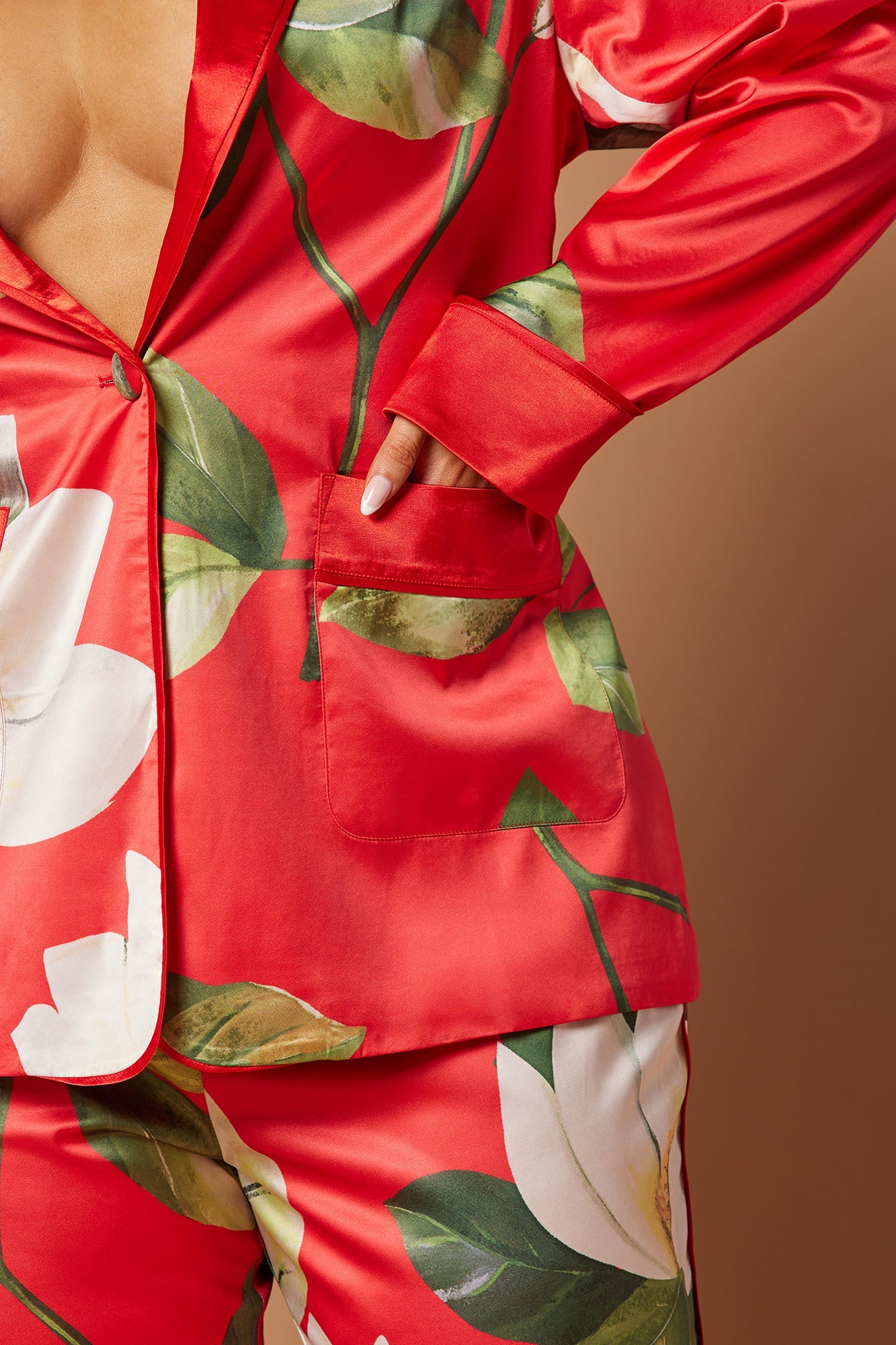 Ophelia Satin Floral Pant Suit Set - Red/combo