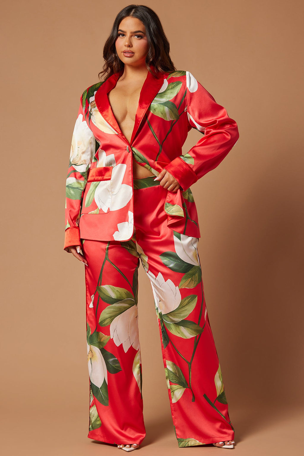 Ophelia Satin Floral Pant Suit Set - Red/combo