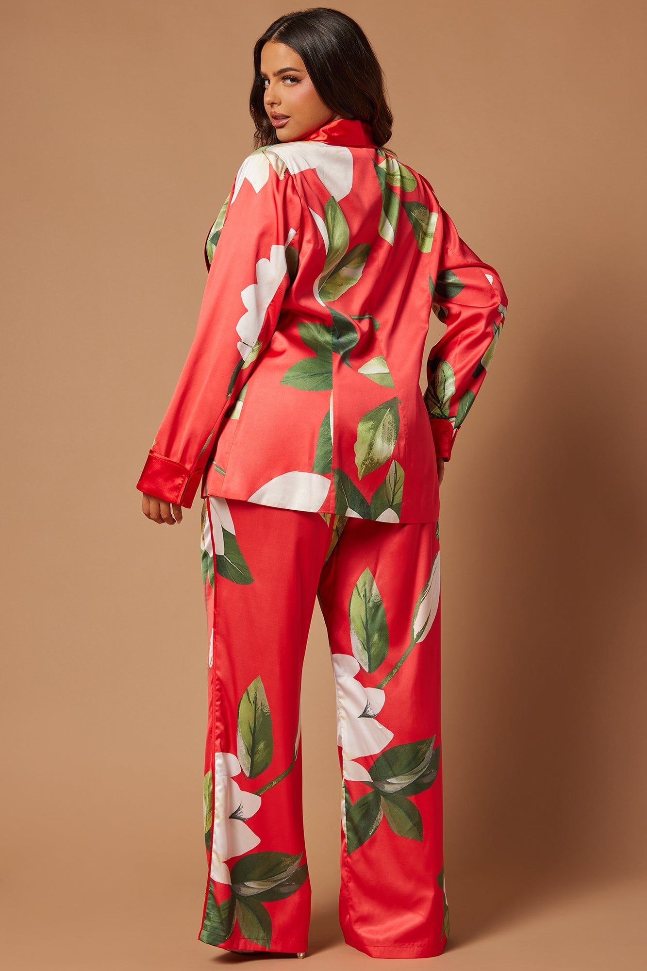 Ophelia Satin Floral Pant Suit Set - Red/combo