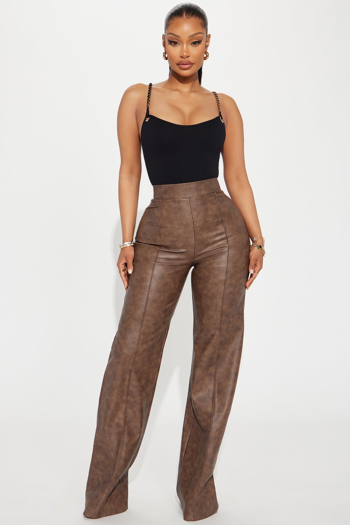 Victoria High Waisted Washed Faux Leather Dress Pants - Chocolate