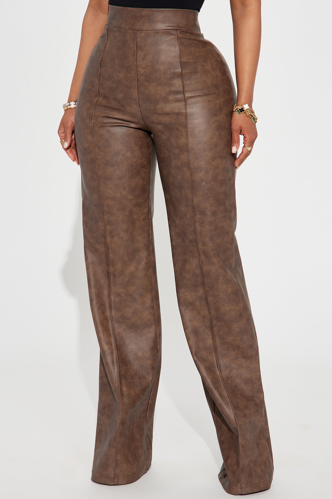 Victoria High Waisted Washed Faux Leather Dress Pants - Chocolate